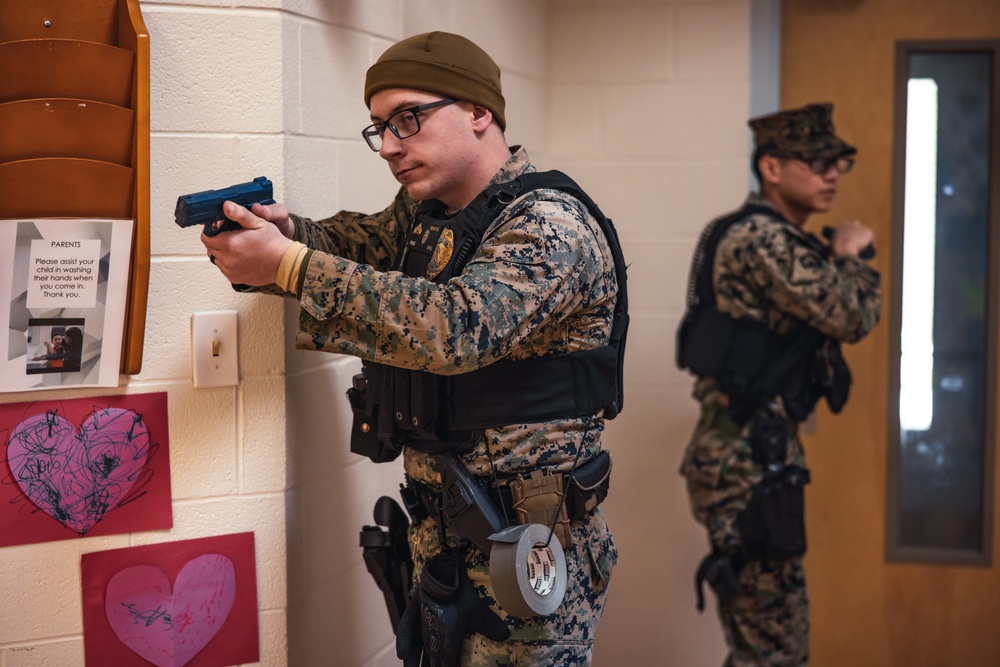 U.S. Marines conduct an active shooter drill on Marine Corps Base Quantico