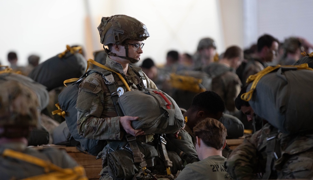 Paratroopers prepare to jump