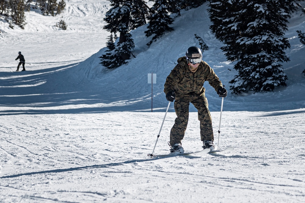 Marines practice downhill skiing during Winter Mountain Leaders Course 1-25