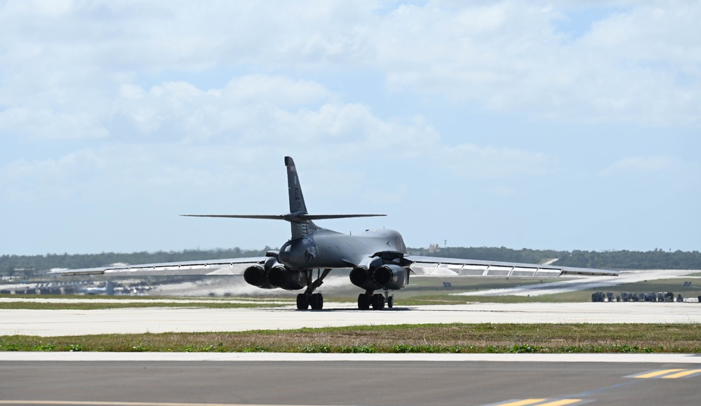 34th Expeditionary Bomb Squadron B-1B Lancer takes off during BTF 25-1 Feb. 16, 2025