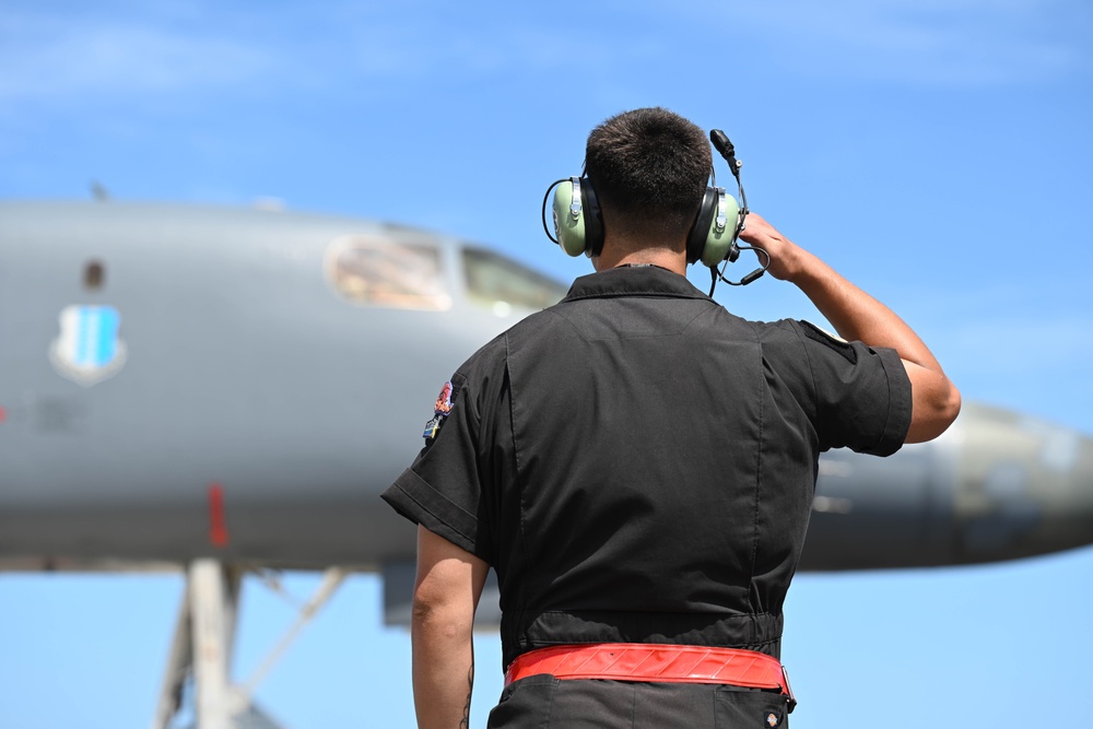 34th Expeditionary Bomb Squadron B-1B Lancer takes off during BTF 25-1 Feb. 16, 2025