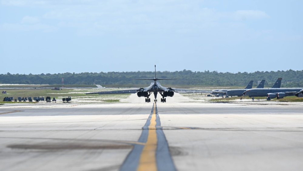 34th Expeditionary Bomb Squadron B-1B Lancer takes off during BTF 25-1 Feb. 16, 2025