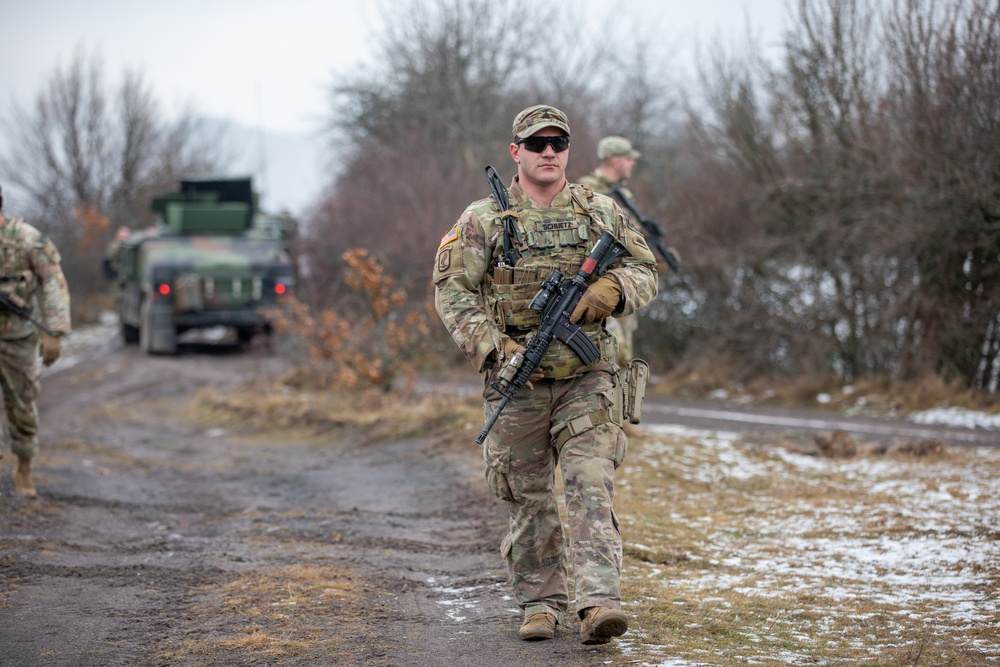 U.S. Army KFOR Soldiers conduct routine security patrol in Kosovo