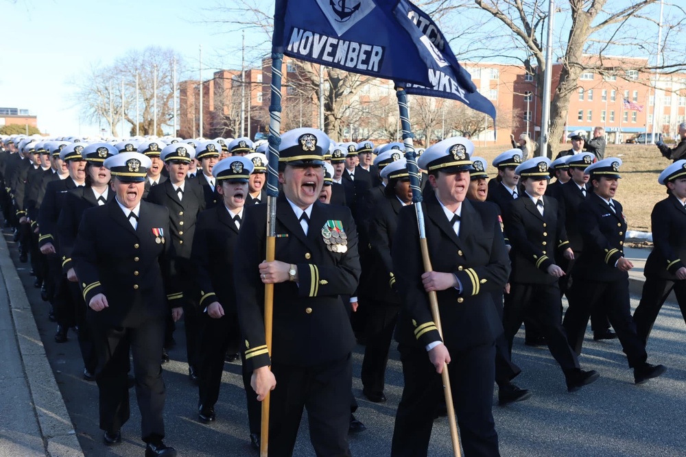 Officer candidates march to Kay Hall for graduation