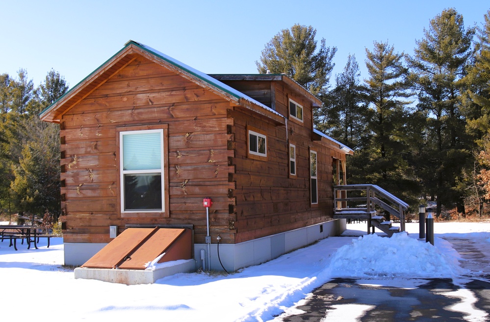 Cabins are available to rent year-round at Fort McCoy’s Pine View Campground; winter offers a unique experience