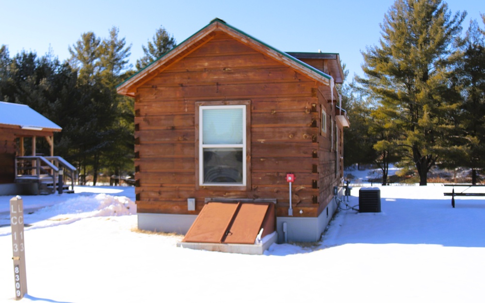 Cabins are available to rent year-round at Fort McCoy’s Pine View Campground; winter offers a unique experience