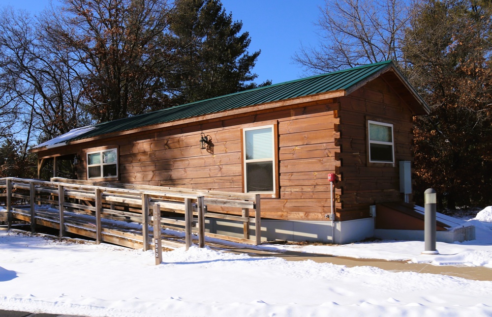 Cabins are available to rent year-round at Fort McCoy’s Pine View Campground; winter offers a unique experience