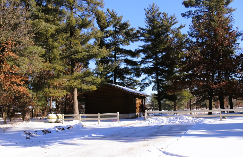 Cabins are available to rent year-round at Fort McCoy’s Pine View Campground; winter offers a unique experience