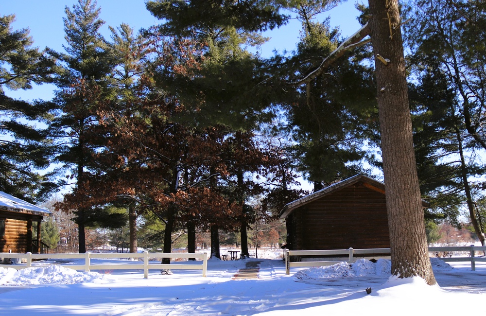 Cabins are available to rent year-round at Fort McCoy’s Pine View Campground; winter offers a unique experience