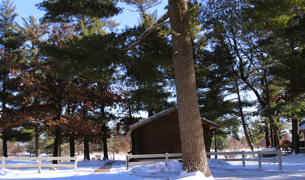 Cabins are available to rent year-round at Fort McCoy’s Pine View Campground; winter offers a unique experience