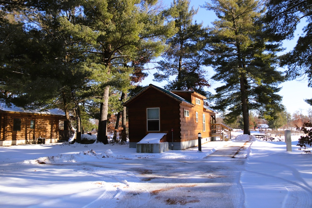 Cabins are available to rent year-round at Fort McCoy’s Pine View Campground; winter offers a unique experience