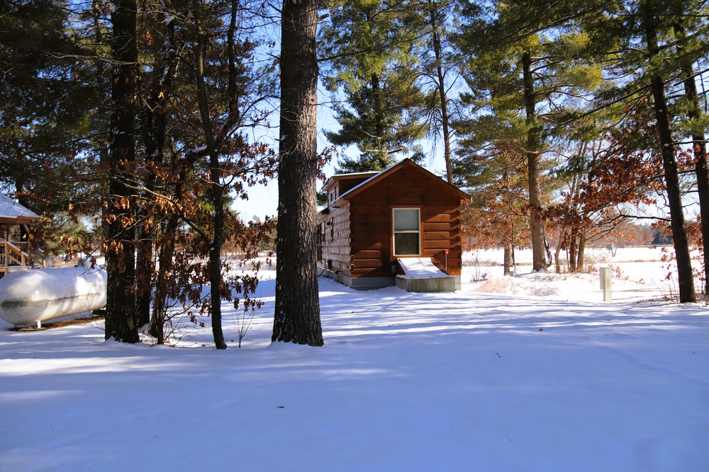 Cabins are available to rent year-round at Fort McCoy’s Pine View Campground; winter offers a unique experience