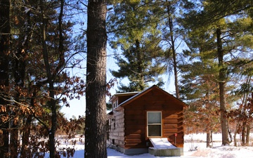 Cabins are available to rent year-round at Fort McCoy’s Pine View Campground; winter offers a unique experience