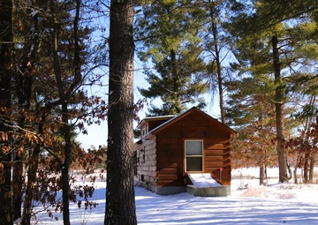 Cabins are available to rent year-round at Fort McCoy’s Pine View Campground; winter offers a unique experience