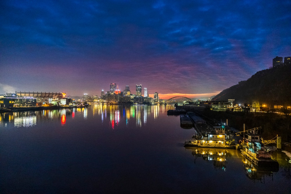 Colorful sunrise over Pittsburgh riverways