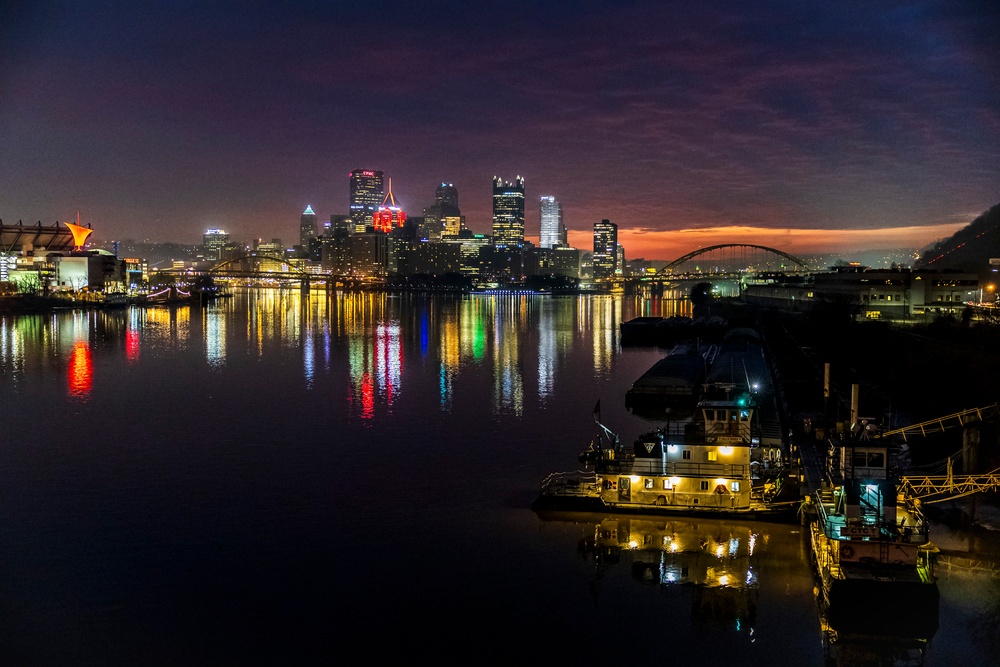 Colorful sunrise over Pittsburgh riverways