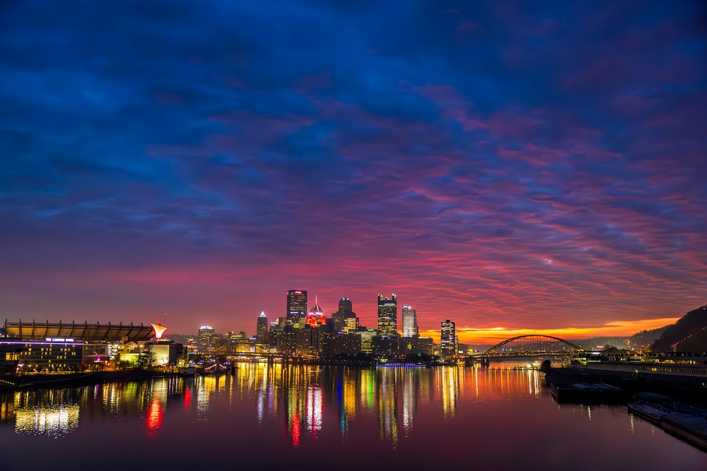 Colorful sunrise over Pittsburgh riverways