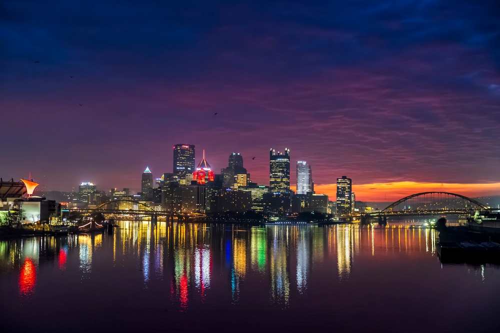 Colorful sunrise over Pittsburgh riverways