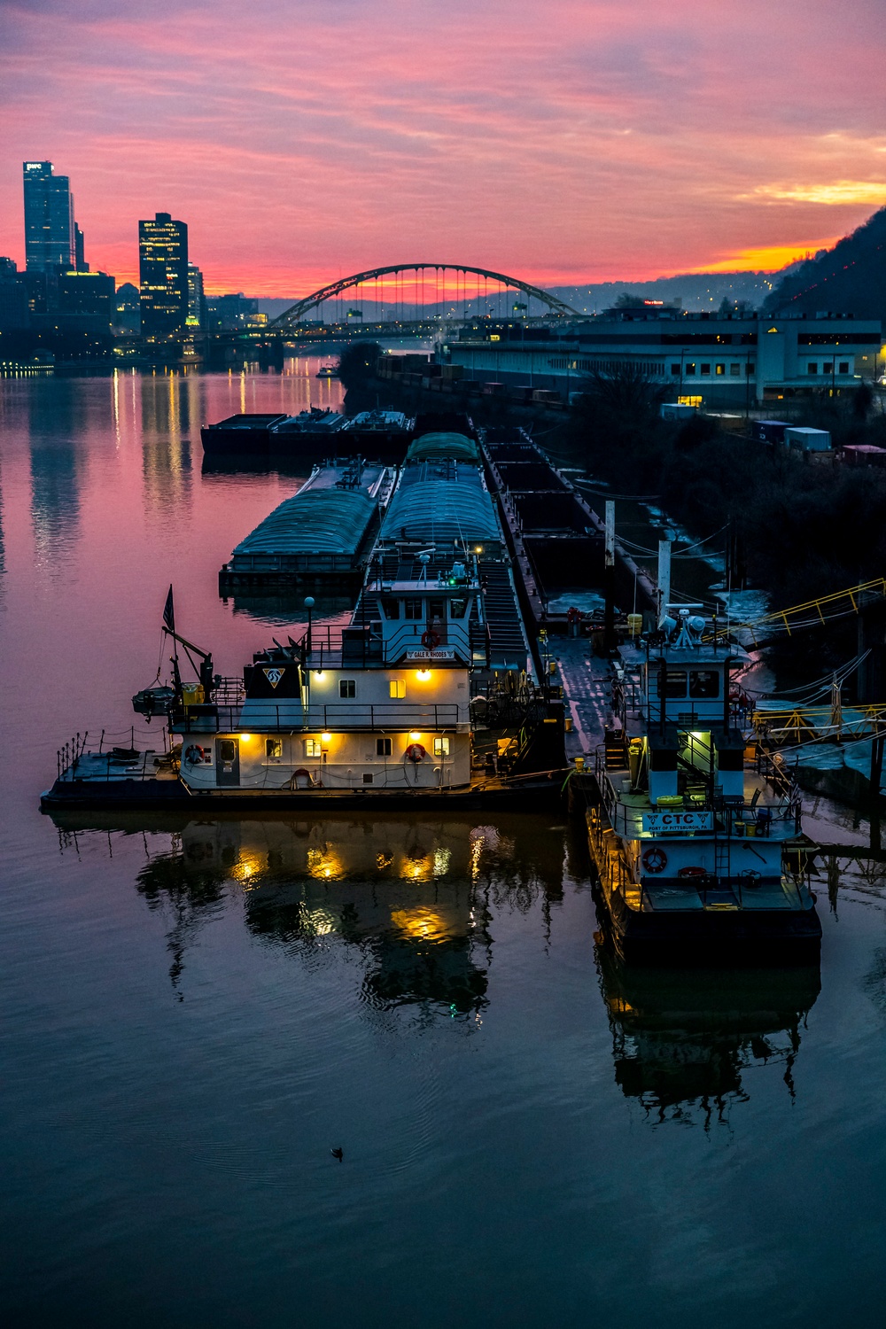 Colorful sunrise over Pittsburgh riverways