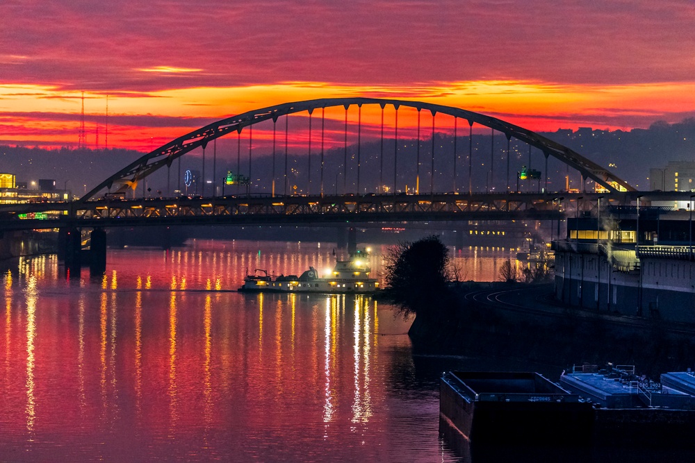 Colorful sunrise over Pittsburgh riverways