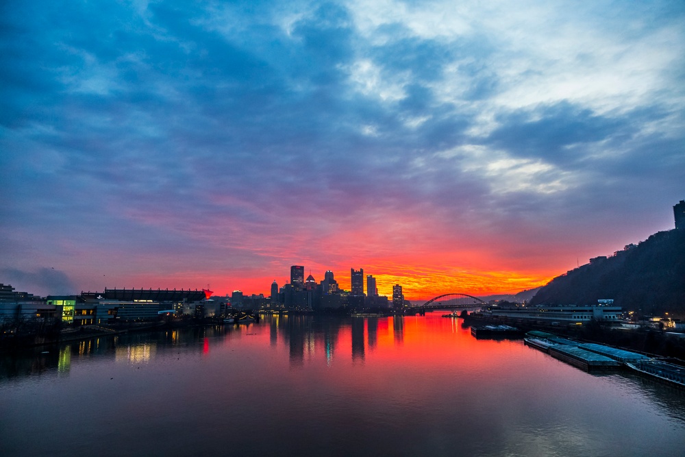 Colorful sunrise over Pittsburgh riverways