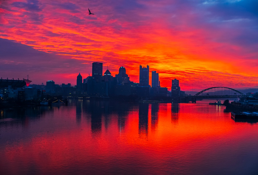 Colorful sunrise over Pittsburgh riverways