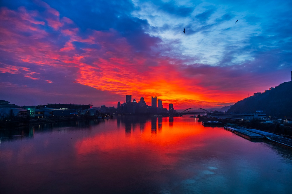 Colorful sunrise over Pittsburgh riverways