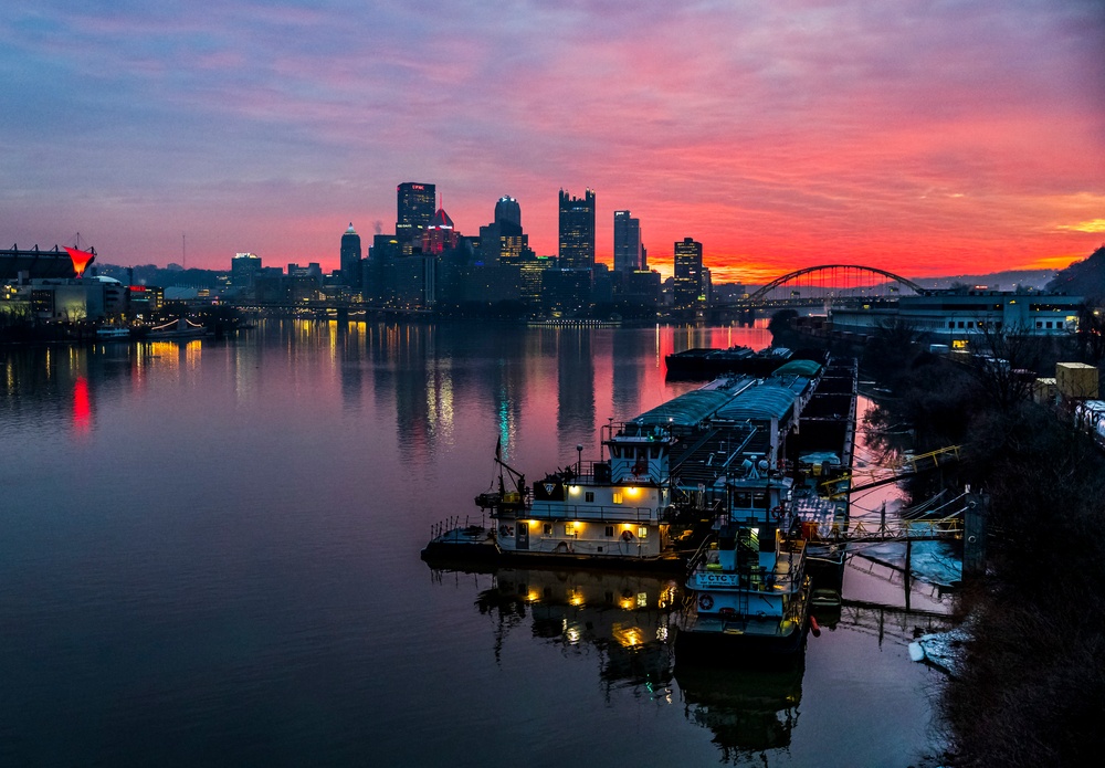 Colorful sunrise over Pittsburgh riverways