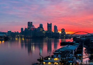 Colorful sunrise over Pittsburgh riverways