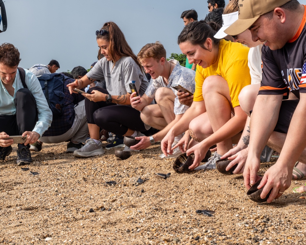 U.S. Navy Sailors release baby sea turtles into ocean during Multilateral Naval Exercise Komodo 2025 community relations project