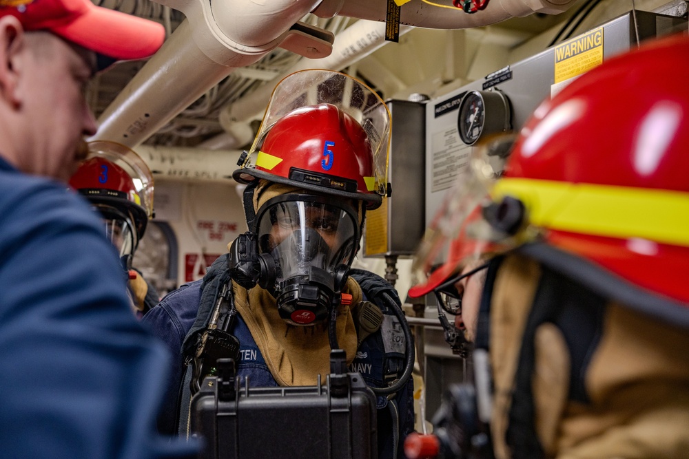 USS Ralph Johnson conducts damage control drills in Sagami Bay