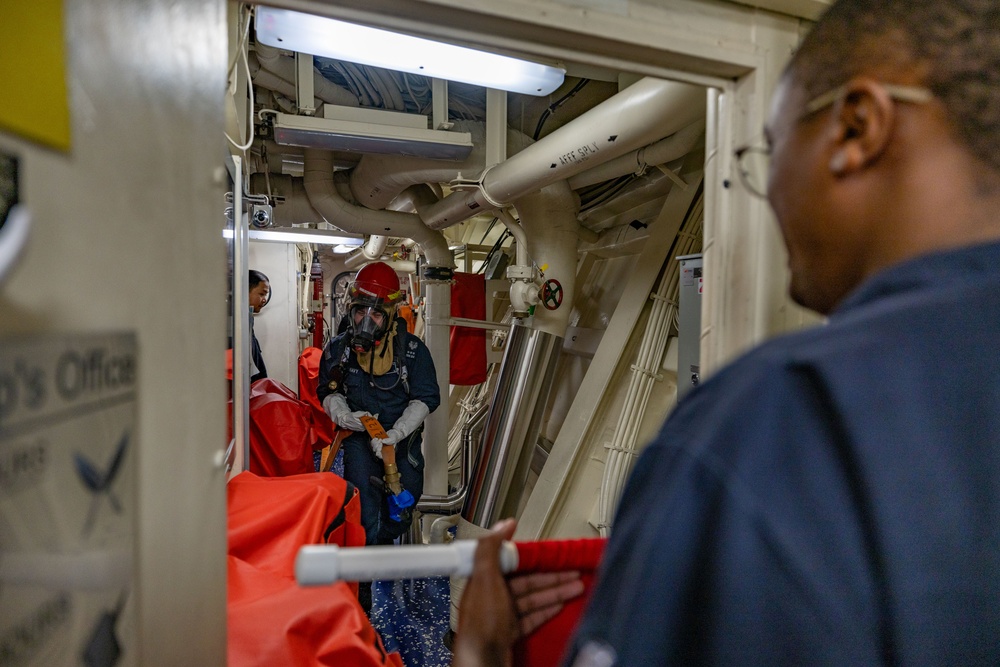 USS Ralph Johnson conducts damage control drills in Sagami Bay