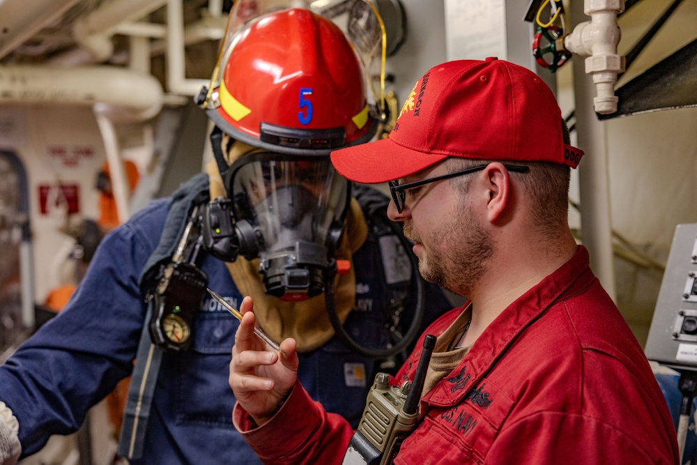 USS Ralph Johnson conducts damage control drills in Sagami Bay