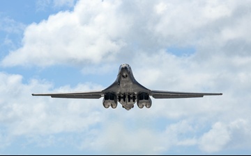 Ellsworth Air Force Base B-1B Lancers take off for a mission during BTF 25-1 at Andersen Air Force Base, Guam