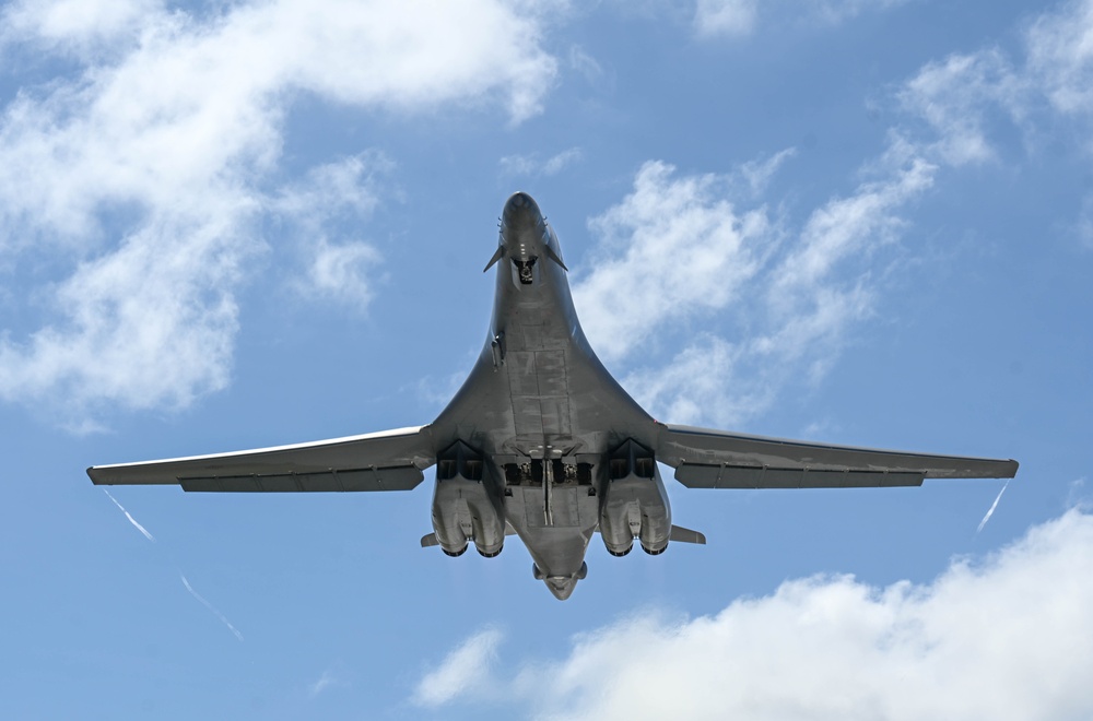 Ellsworth Air Force Base B-1B Lancers take off for a mission during BTF 25-1 at Andersen Air Force Base, Guam