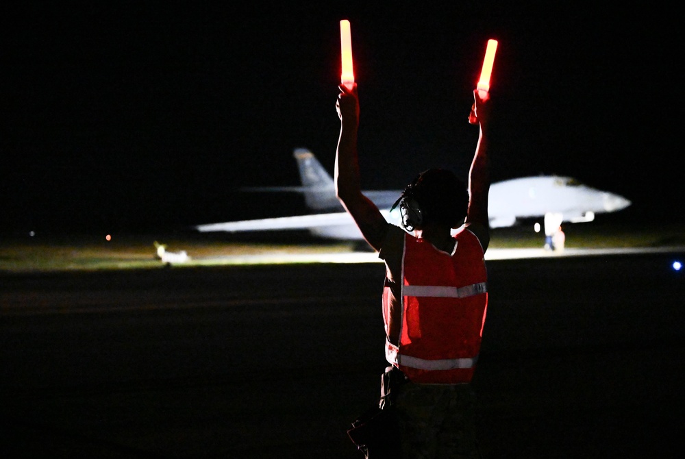 Ellsworth Air Force Base B-1B Lancers take off to Misawa Air Base, Japan, to conduct hot pit refuel operations during BTF 25-1