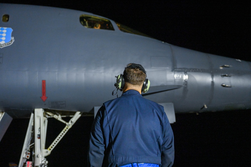 Ellsworth Air Force Base B-1B Lancers take off to Misawa Air Base, Japan, to conduct hot pit refuel operations during BTF 25-1