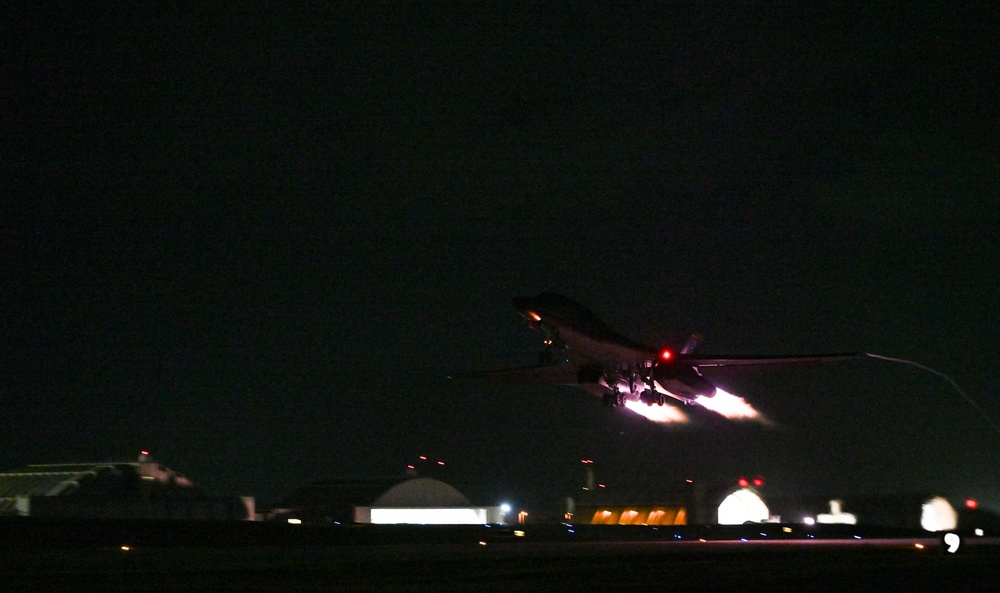 Ellsworth Air Force Base B-1B Lancers take off to Misawa Air Base, Japan, to conduct hot pit refuel operations during BTF 25-1