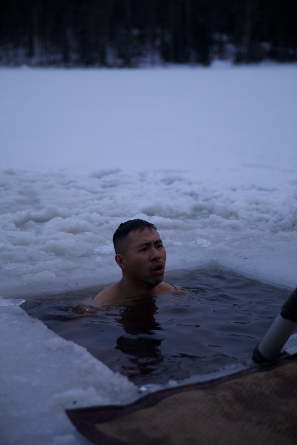 Virginia National Guard Soldiers participate in Finnish past-time of “avanto” or ice-hole swimming during Arctic Forge 25