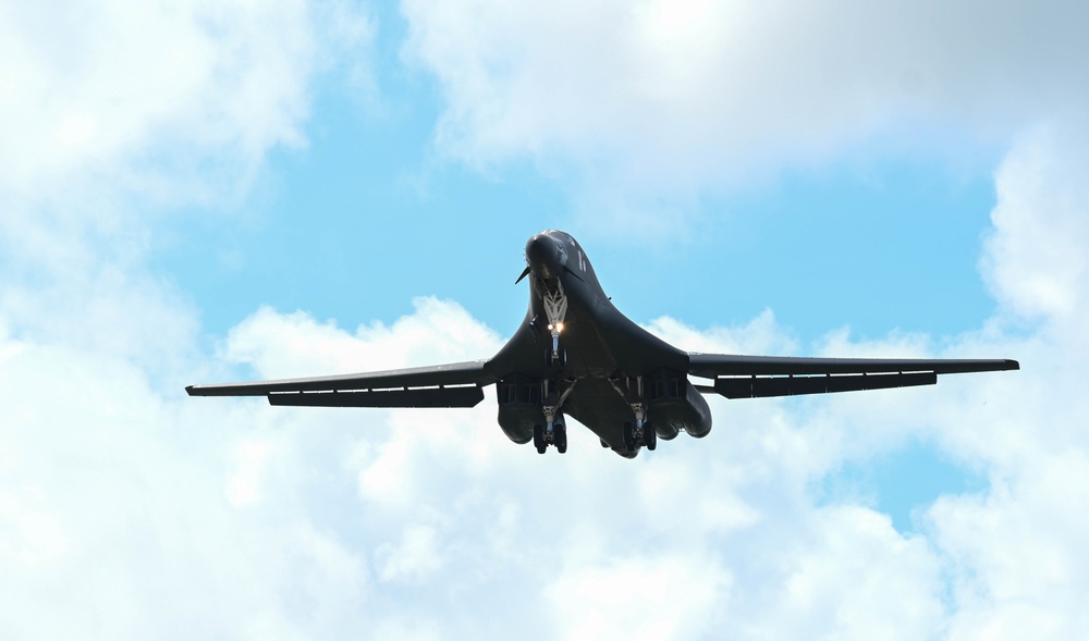A 34th Expeditionary Bomb Squadron B-1B Lancer conducts a “touch and go” then lands at Andersen AFB during BTF 25-1