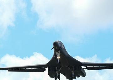 A 34th Expeditionary Bomb Squadron B-1B Lancer conducts a “touch and go” then lands at Andersen AFB during BTF 25-1
