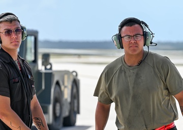 A 34th Expeditionary Bomb Squadron B-1B Lancer conducts a “touch and go” then lands at Andersen AFB during BTF 25-1