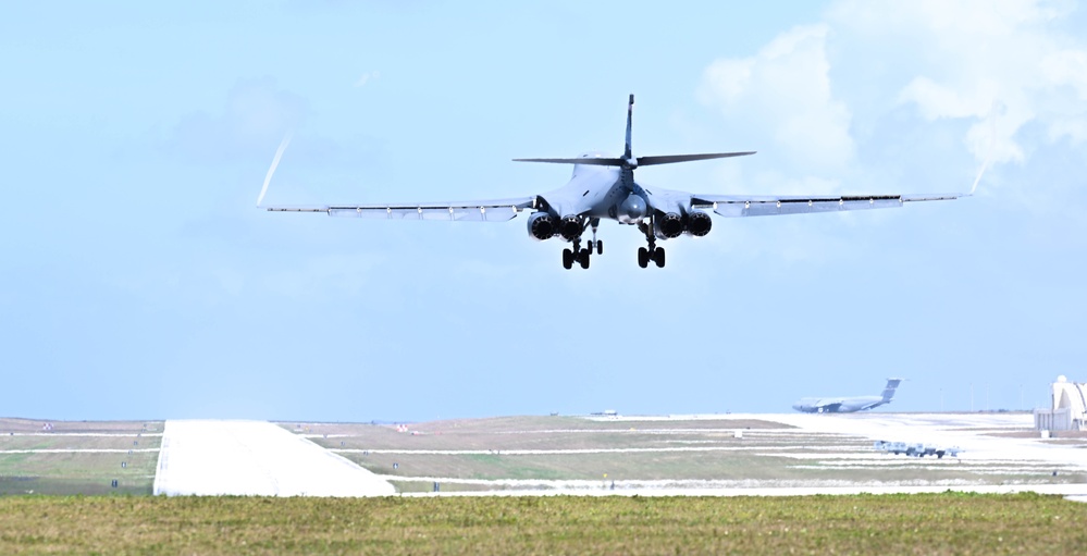 A 34th Expeditionary Bomb Squadron B-1B Lancer conducts a “touch and go” then lands at Andersen AFB during BTF 25-1