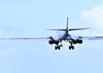A 34th Expeditionary Bomb Squadron B-1B Lancer conducts a “touch and go” then lands at Andersen AFB during BTF 25-1