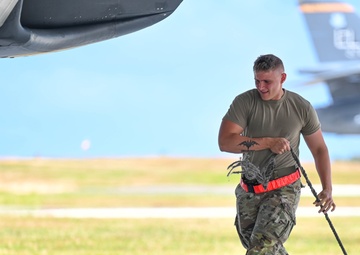 A 34th Expeditionary Bomb Squadron B-1B Lancer conducts a “touch and go” then lands at Andersen AFB during BTF 25-1