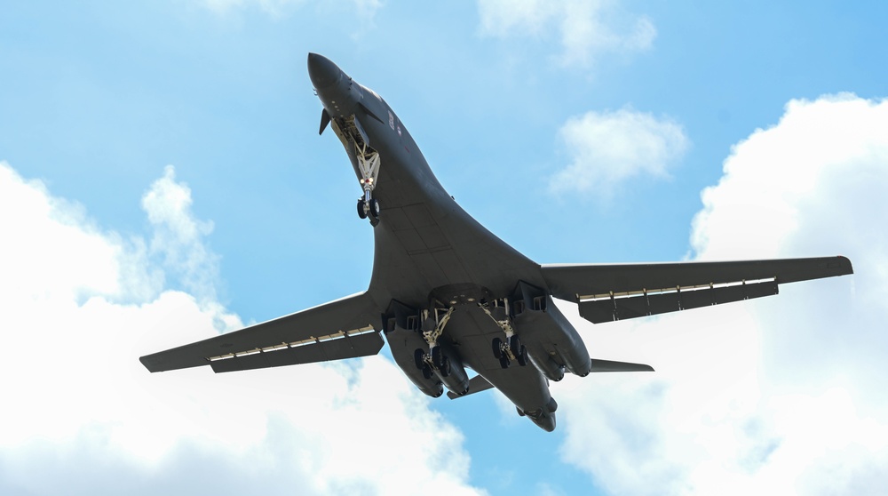 A 34th Expeditionary Bomb Squadron B-1B Lancer conducts a “touch and go” then lands at Andersen AFB during BTF 25-1