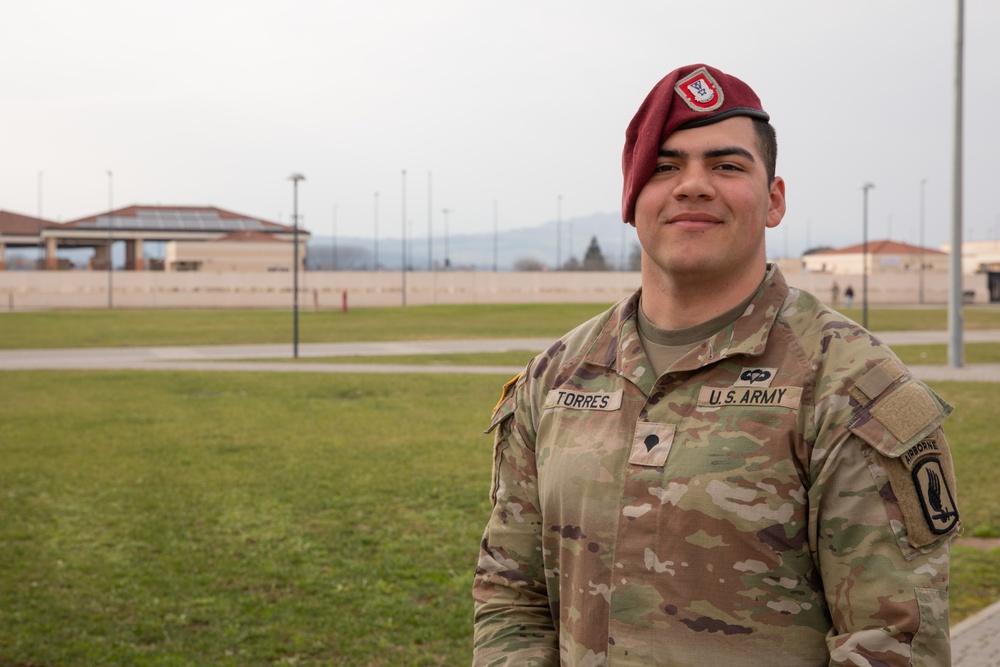 Spc. Jerry Torres poses for a photo at Caserma Del Din