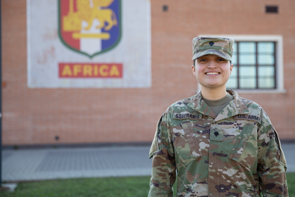 Spc. Danielle Soberanis poses for a photo at Caserma Del Din