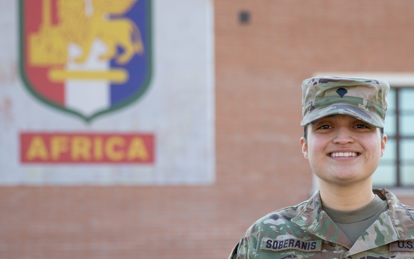 Spc. Danielle Soberanis poses for a photo at Caserma Del Din