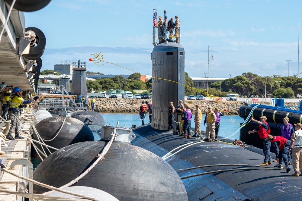 The Virginia-class fast-attack submarine USS Minnesota (SSN 783) arrives at HMAS Stirling, Western Australia, Australia